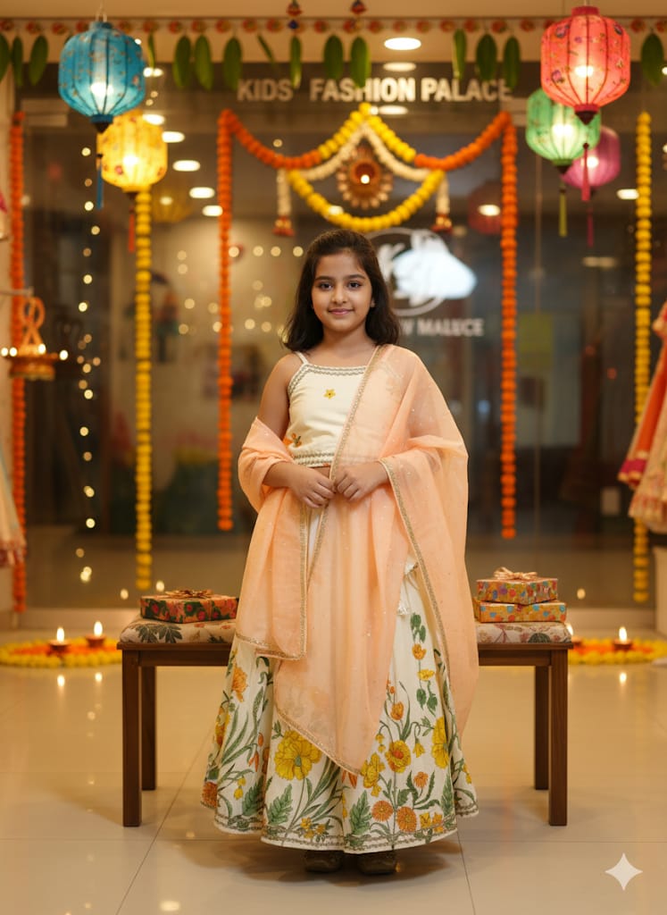 Cotton floral panel lahenga set